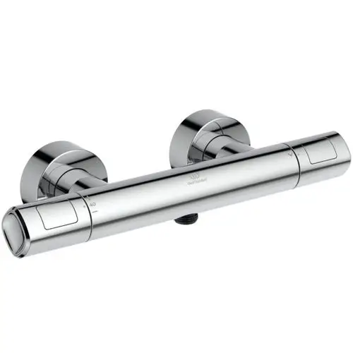 Brausethermostat in chrom, montiert an der Wand, mit zwei runden Bedienelementen, hergestellt von Ideal Standard.
